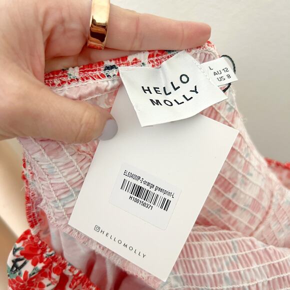 [Hello Molly] Orange Floral Print Smocked Ruffle Haven View Dress NWT Sz Large L - Picture 11 of 12